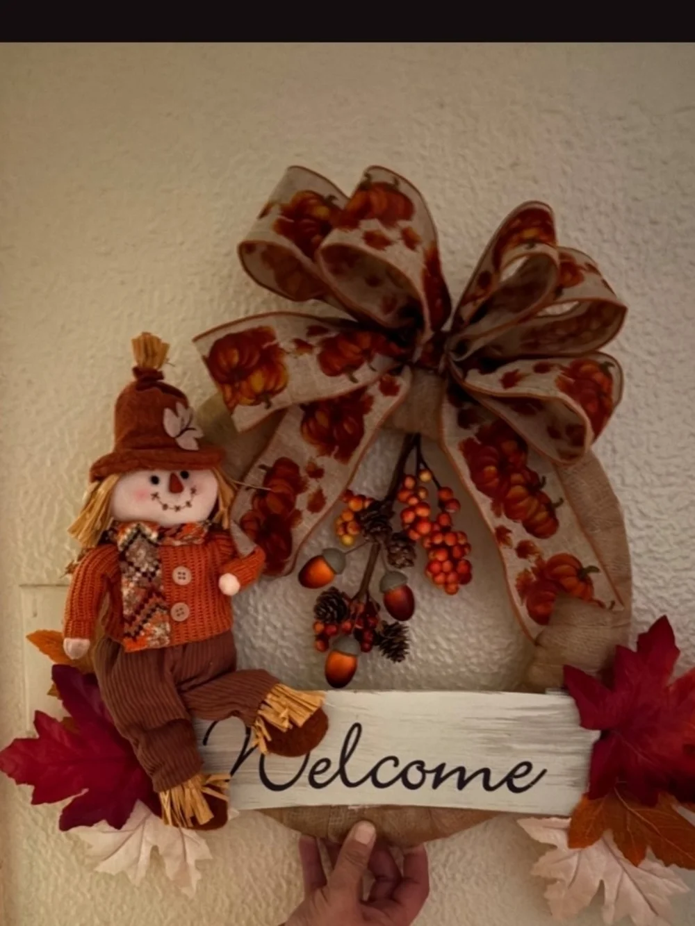 Welcome Fall Scarecrow Wreath with Orange Bow